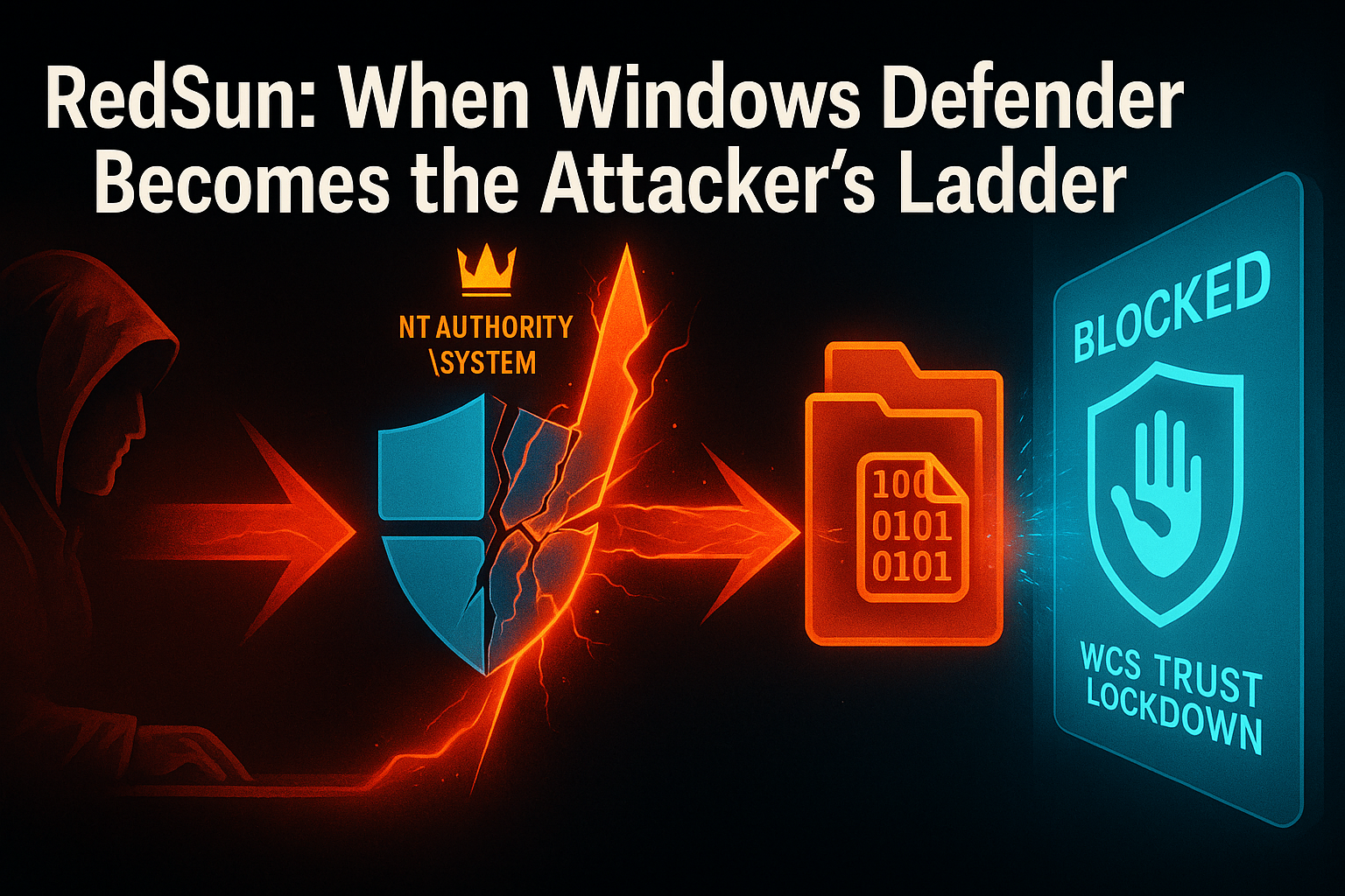 Attack flow diagram showing RedSun exploit escalating through Windows Defender to SYSTEM, with White Cloud Security Trust Lockdown blocking execution at the final step