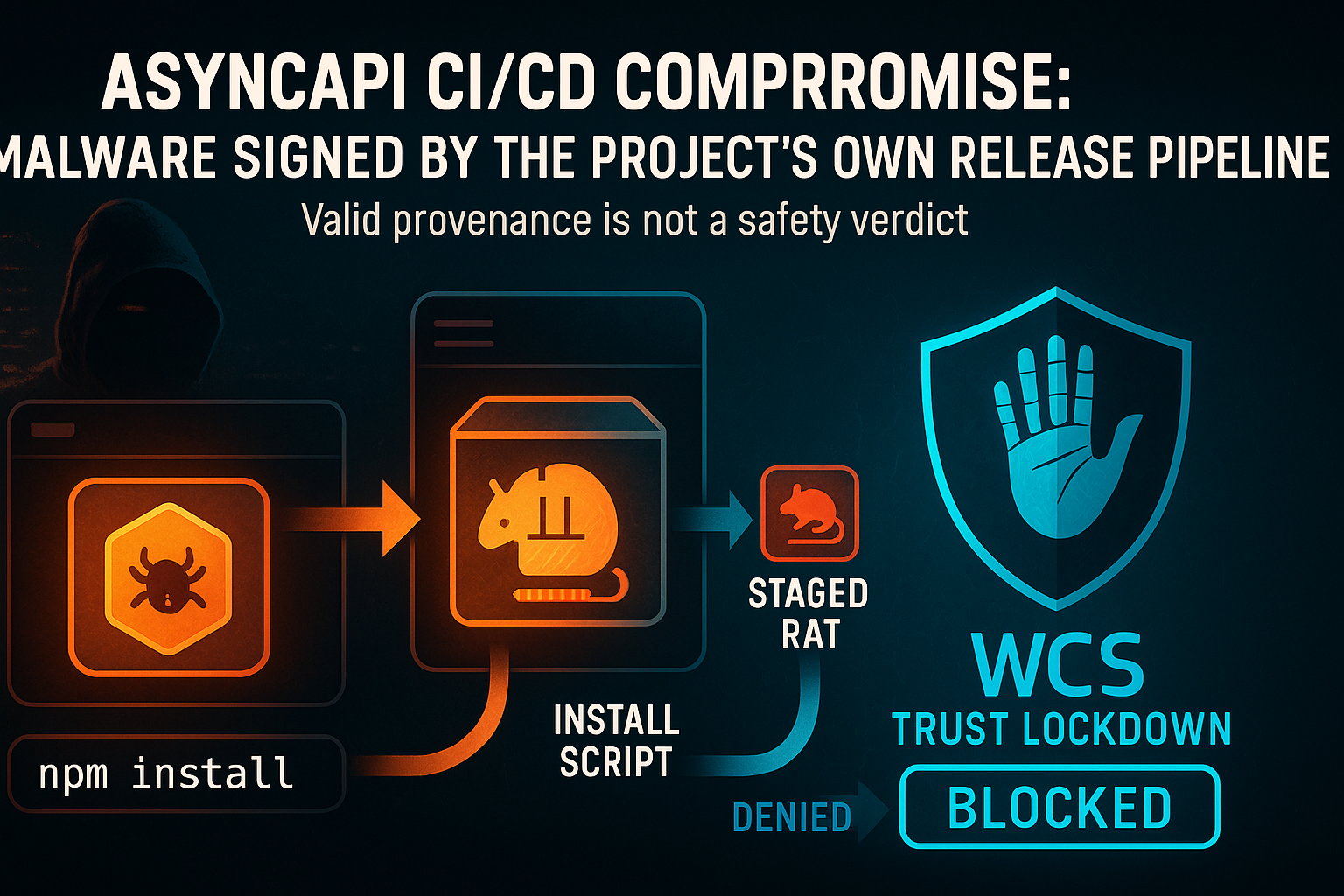 AsyncAPI npm CI/CD supply-chain compromise — a poisoned GitHub Actions release pipeline publishes backdoored packages with valid provenance, delivering a multi-stage botnet payload at import time