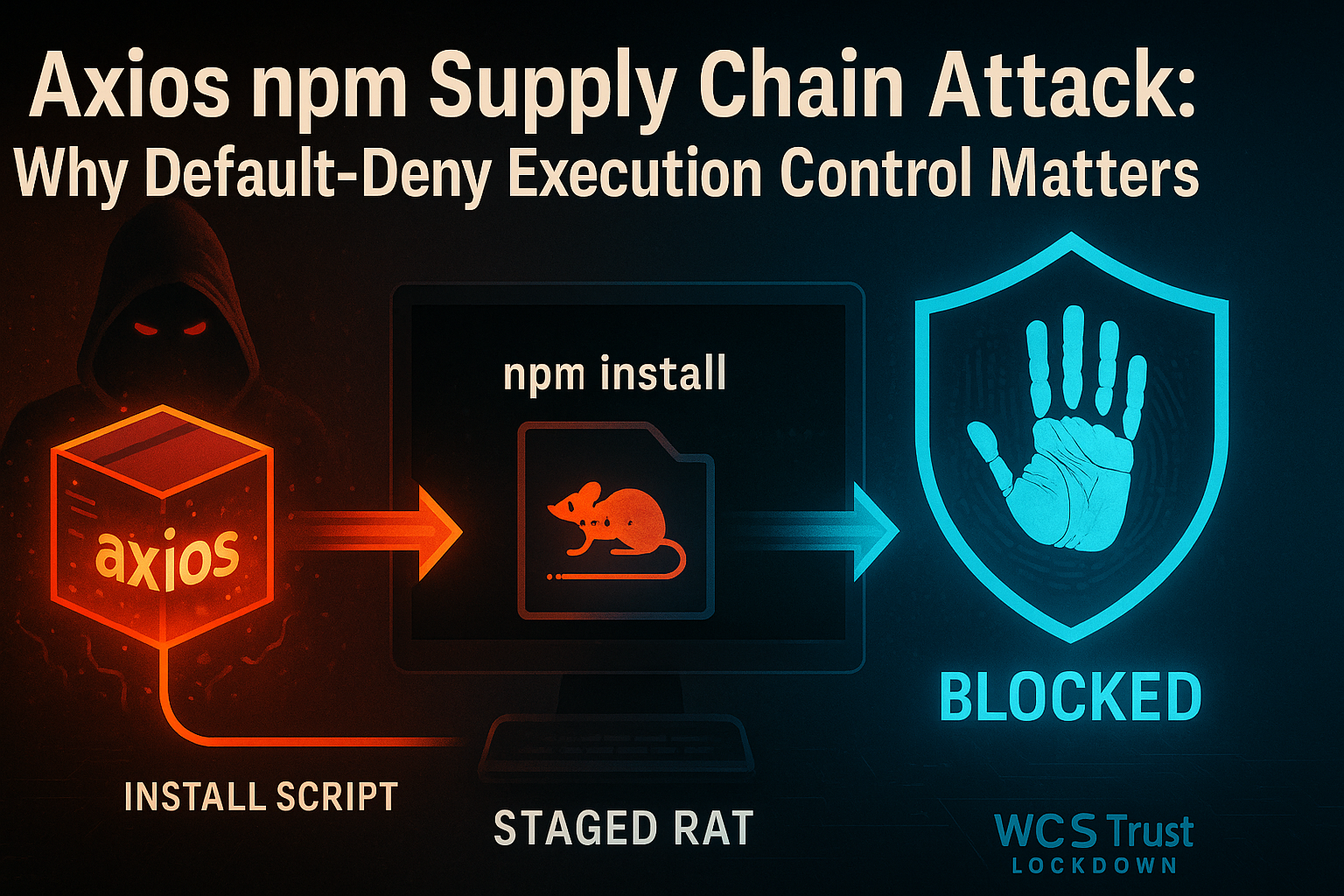 Axios npm supply chain compromise — malicious package versions attributed to Sapphire Sleet, blocked by WCS Trust Lockdown default-deny execution control