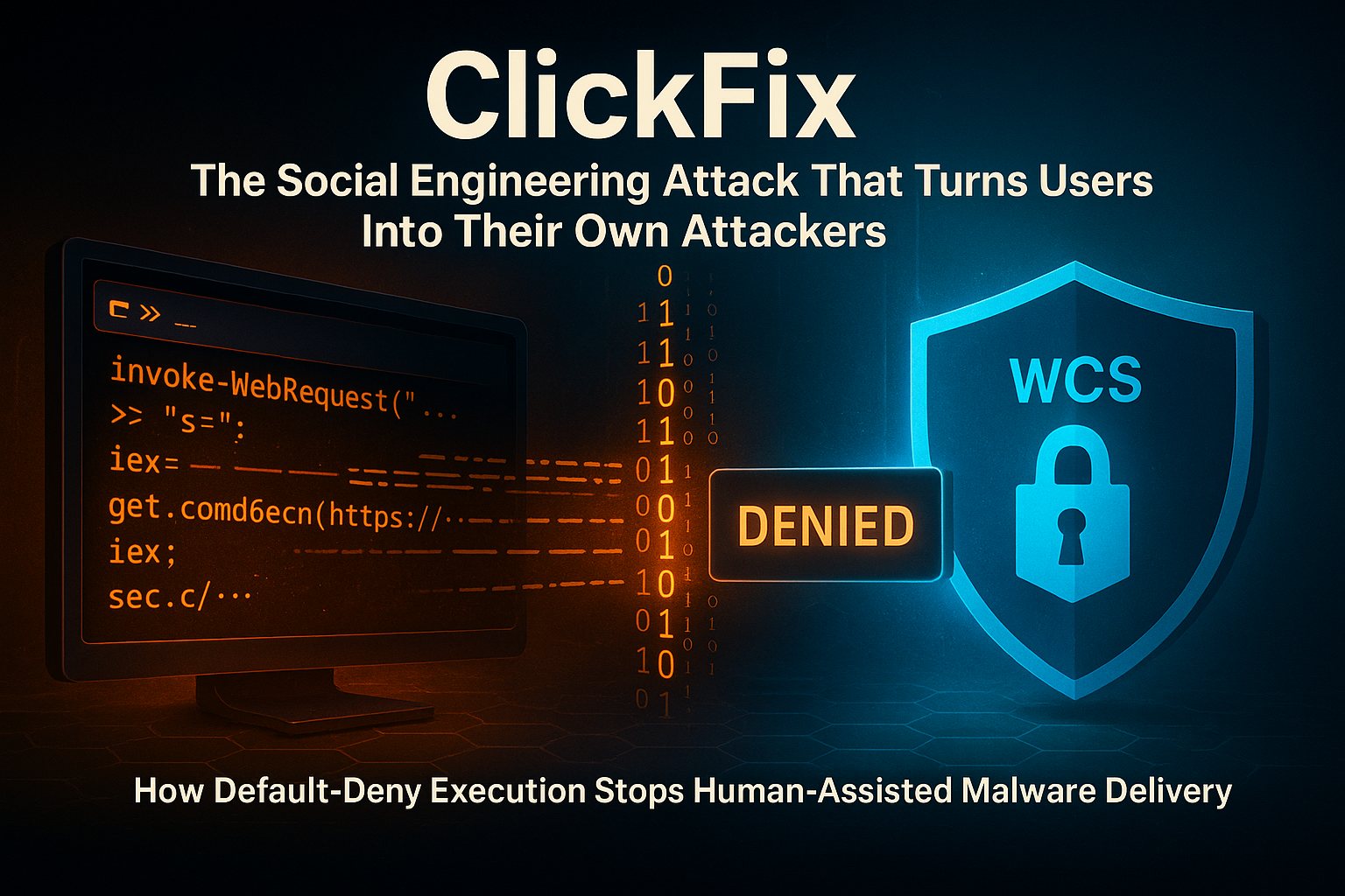 ClickFix social engineering attack — a fake fix dialog tricking a user into pasting a malicious PowerShell command, blocked by WCS Trust Lockdown before execution
